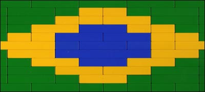 Brazilian flag built from Lego, part of a set now adorning the top of the telly representing the nations still competing for the World Cup; sorry Jo, we took yours apart