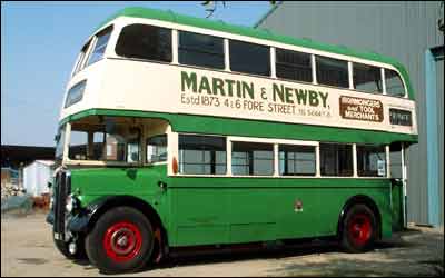 ADX1 from 1950, an AEC Regent III model, bus-fans: sponsored by local hardware merchants Martin and Newby